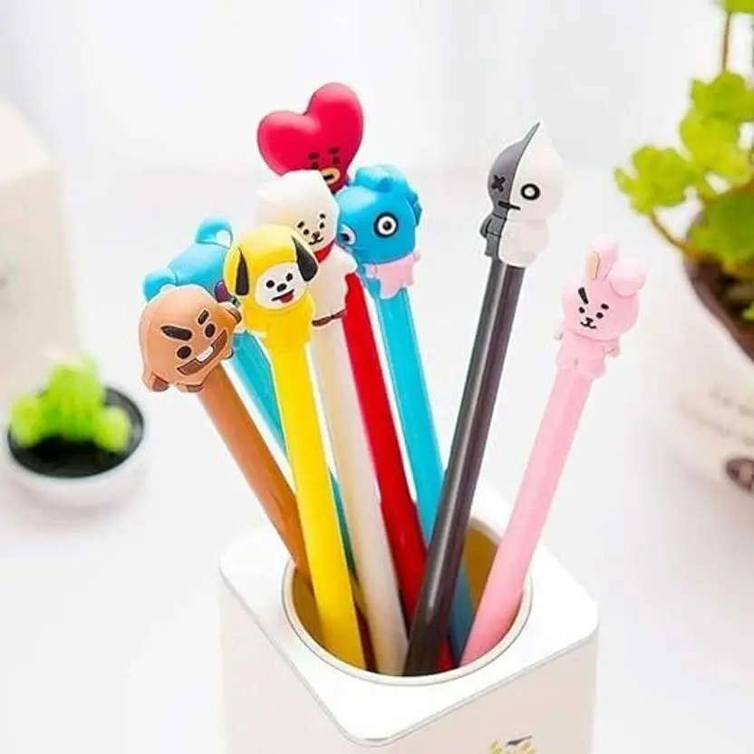 BT21 BTS Kpop Gel Pen Set with Cute Character Toppers – Pack of 12 | Blue Ink | Perfect for Kids, School & Gifts